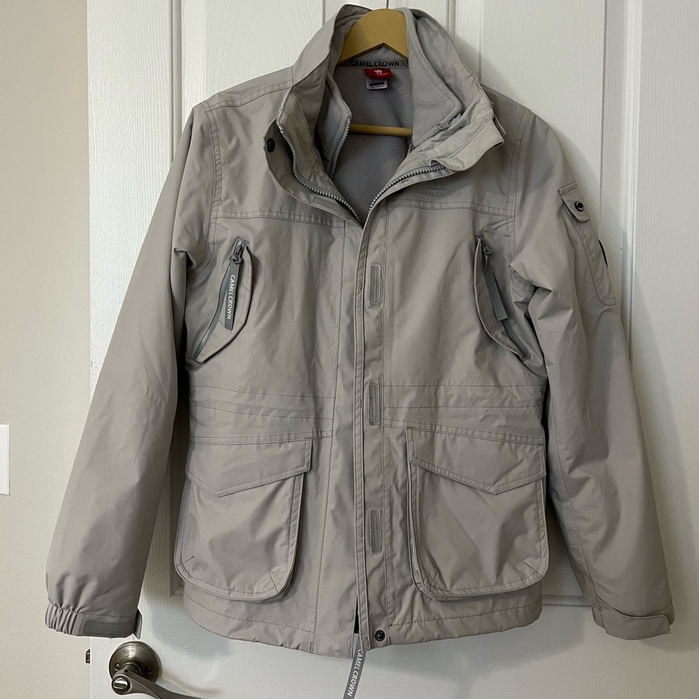 Womens cold weather gray jacket with removable outer shell.